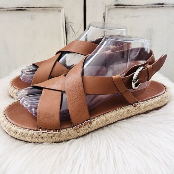 Marc Fisher Brown Leather Criss Cross Strappy Woven Jute Sandals - Size 9M - Picture 1 of 8